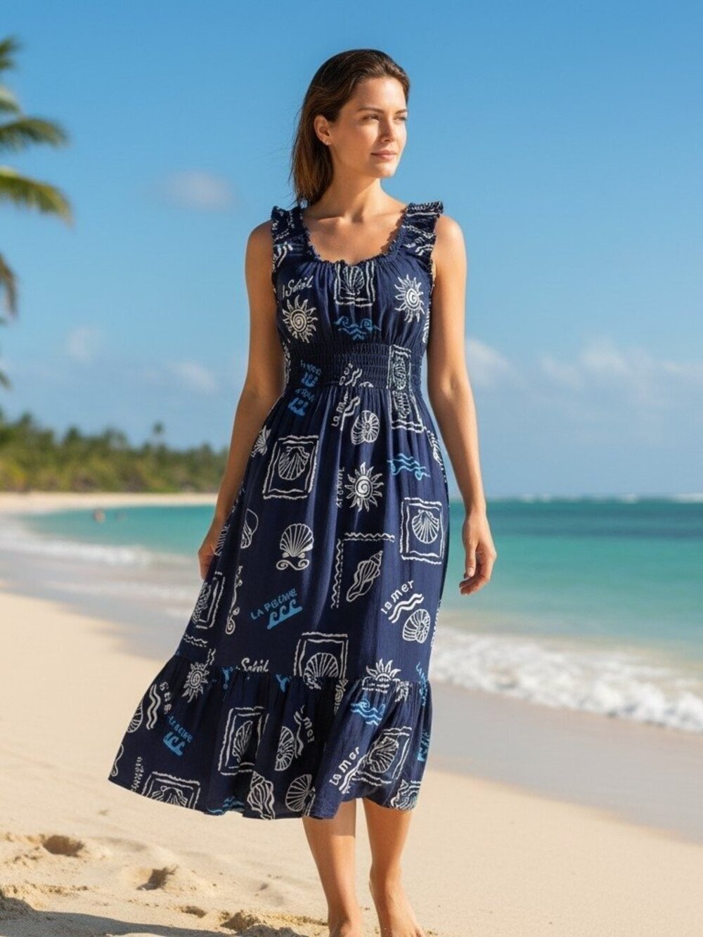 Patrons of Peace Navy Blue Nautical Coastal Boho Tiered Midi Dress New Size S